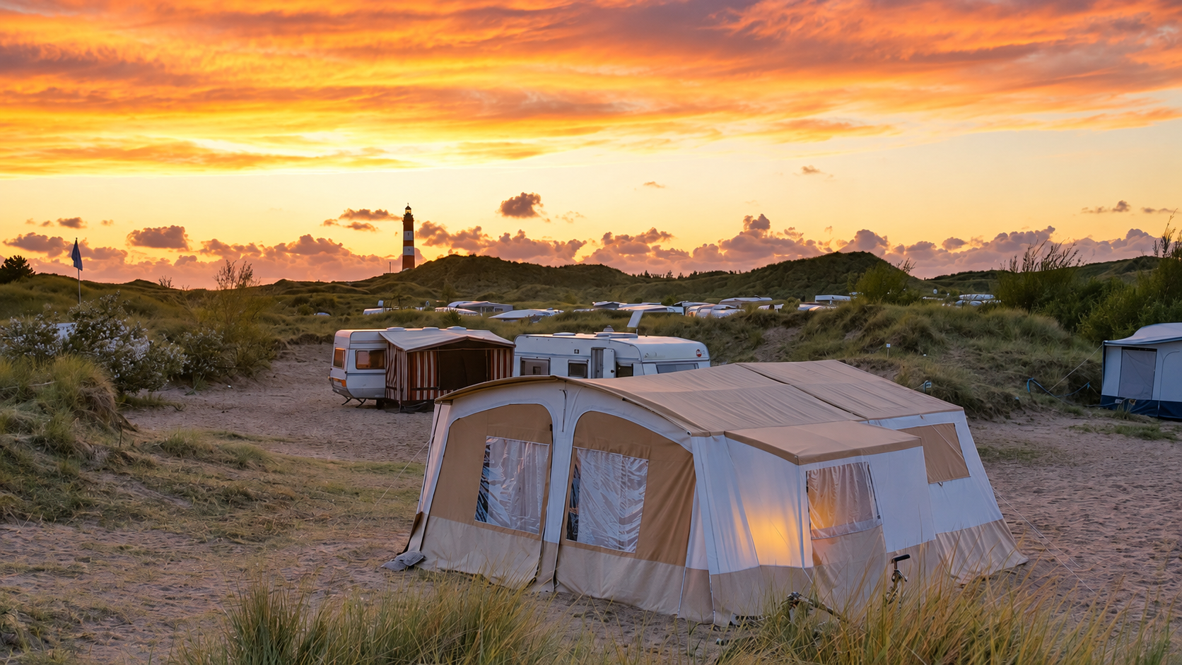Camping am Leuchtturm im Abendlicht